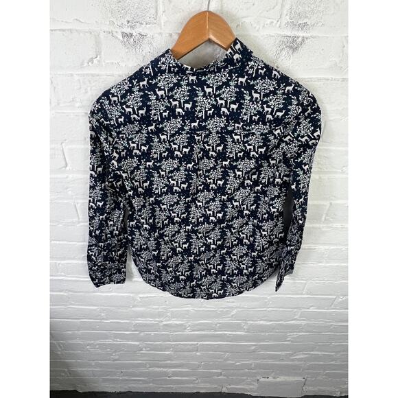 J. Crew Women's Allover Novelty Deer Trees Popover Button Up Blouse Size 2P - Picture 5 of 6